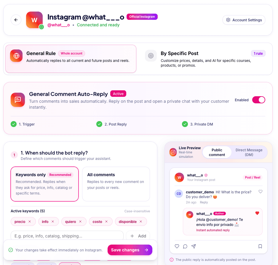 Instagram Auto-reply Rules Dashboard