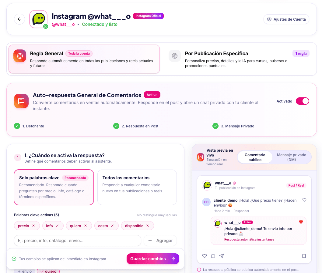 Panel de Reglas de Auto-respuesta de Instagram